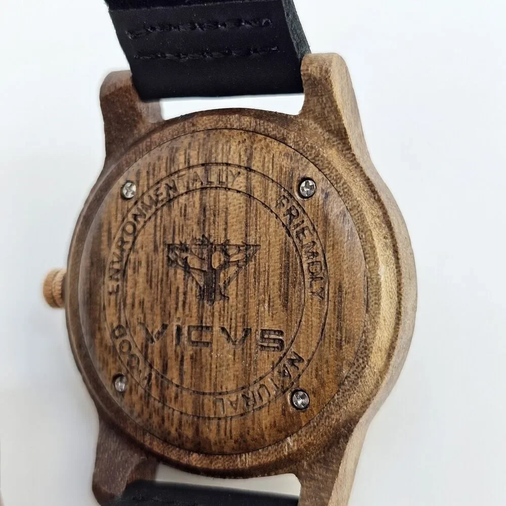 VICVS‎ Men's Wood Watch 40MM Black Dial Black Leather Bands New Battery